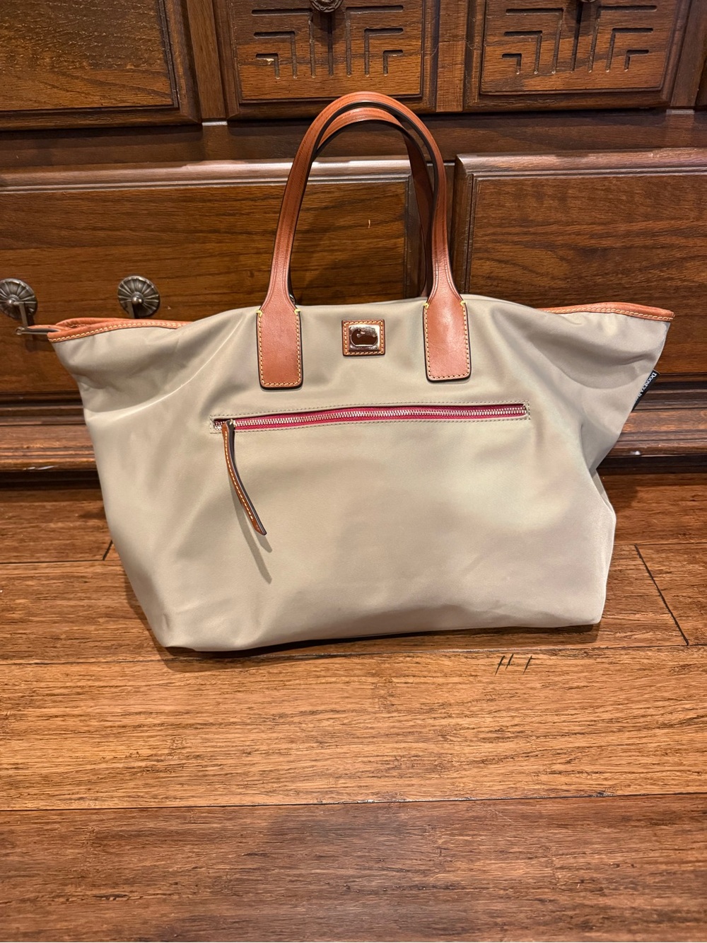 Dooney and Bourke Classic Nylon Tote with Tan Leather Handles